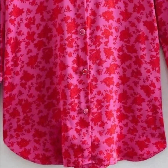 COPY - Zara fuchsia and red floral satin effect button up long sleeve blouse - … - Picture 4 of 7